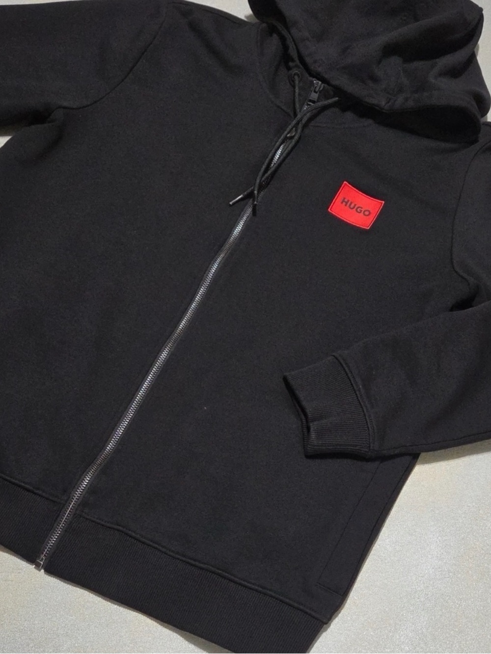 HUGO Black Hoodie with Red Logo Accent Large